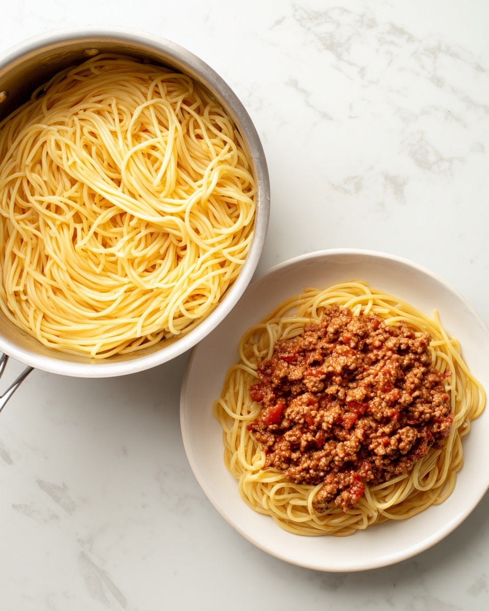 The image shows two parts: on the left, a metal pot filled with plain cooked spaghetti, light yellow in color, smooth and slightly shiny, with the spaghetti strands loosely piled inside the pot; on the right, a white round plate with spaghetti mixed evenly with rich brown meat sauce that has some visible tomato pieces and small chunks, the spaghetti strands are coated and tangled with the sauce, creating a textured and hearty look. Both the pot and plate are placed on a white marbled surface. Photo taken with an iphone --ar 4:5 --v 7