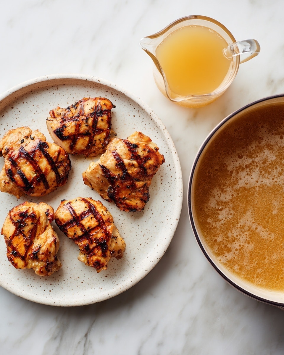 The image shows two side-by-side photos. On the left, five grilled chicken pieces with golden brown color and char marks are arranged on a round white speckled plate, placed on a white marbled surface. Each piece has a slightly different shape and texture, highlighting the grill marks and cooked surface. On the right, a white pot with a dark rim contains a simmering light brown broth with some bubbles and steam, with a small clear glass cup pouring a light yellow liquid into the pot. The pot is sitting on the same white marbled surface. photo taken with an iphone --ar 4:5 --v 7