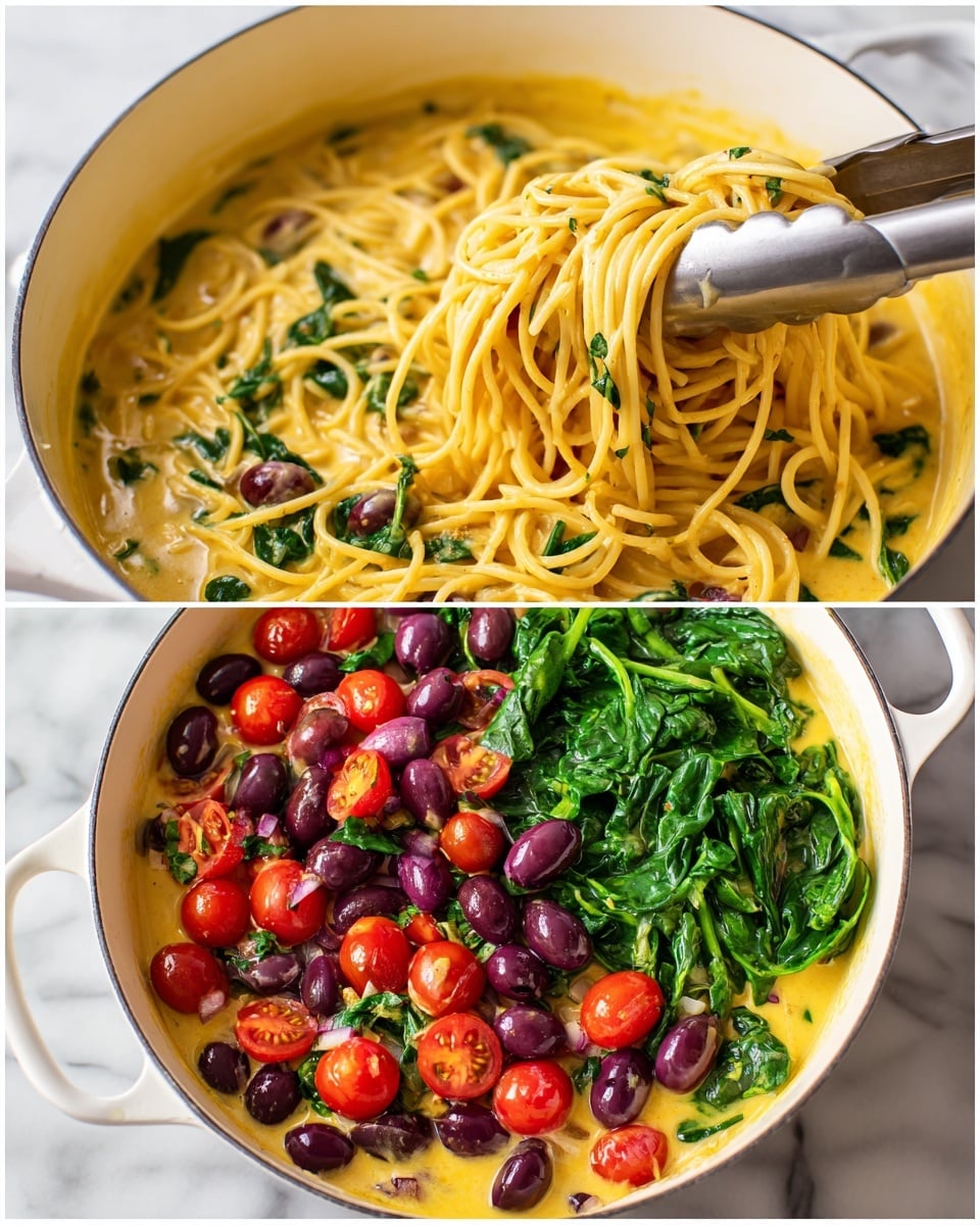 A white pan filled with creamy yellow spaghetti sauce with spaghetti noodles mixed in, and a pair of metal tongs lifting some noodles from the sauce; in the second photo, the same white pan with creamy yellow spaghetti sauce is topped with three layers: halved bright red cherry tomatoes on the left, dark purple olives on the top right, and fresh green spinach leaves covering the bottom right; the pan sits on a white marbled surface, photo taken with an iphone --ar 4:5 --v 7