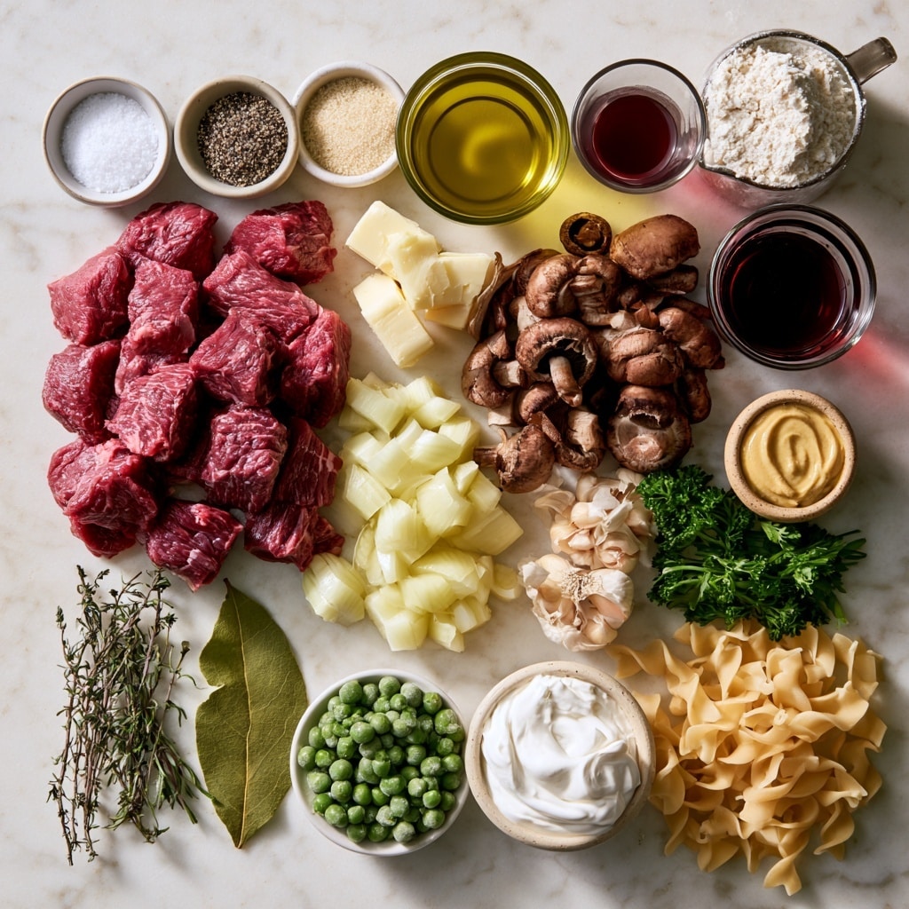 The image shows two parts: on the left, a white plate filled with many small, browned cubes of cooked meat with some pink inside, arranged closely together; on the right, a white pot containing sliced light brown mushrooms, chopped white onions, a small square of yellow butter, and a small pile of finely chopped light yellow garlic, all resting on top of each other. The background for both is a white marbled surface. Photo taken with an iphone --ar 4:5 --v 7