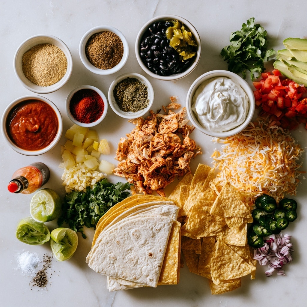 The image shows three steps of making a layered dish. The first step is a black pan filled with shredded light brown chicken mixed with black beans and small green herb pieces, held by a woman's hand. The second step is a white rectangular baking dish with two large white tortilla slices placed flat inside, overlapping a bit. The third step is the same white dish now filled with a layer of the chicken and black bean mix from the pan, evenly spread inside. The surface under all items is white marbled. photo taken with an iphone --ar 4:5 --v 7