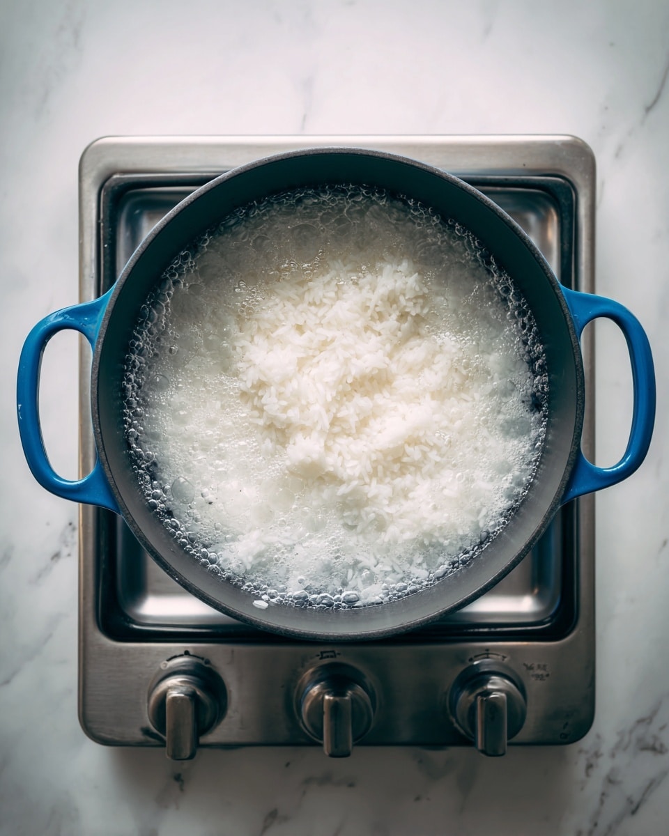 A blue pot with black inside is shown from above, filled with boiling white rice in bubbling water. The pot sits on a stove with part of the burner and knobs visible, and the background is a white marbled texture. photo taken with an iphone --ar 4:5 --v 7