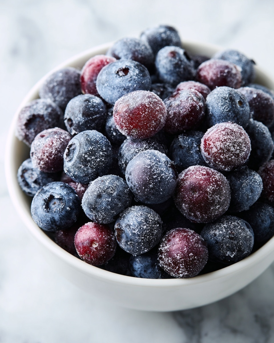 A close-up view of a white bowl filled with many round blueberries covered in a light dusting of white powder, showing their deep purple-blue color and matte texture; the bowl is placed on a white marbled surface and slightly tilted to reveal the berries inside. photo taken with an iphone --ar 4:5 --v 7