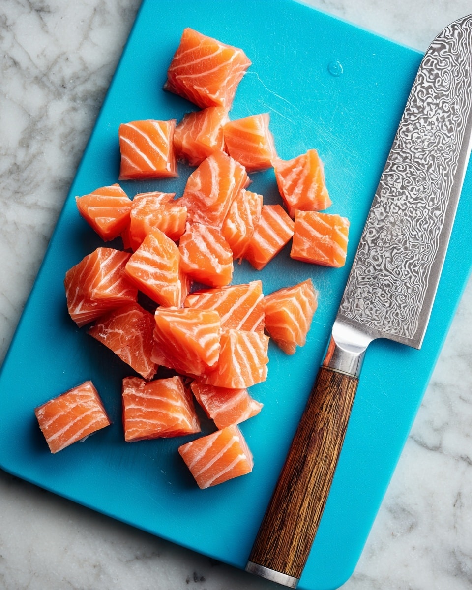 The image shows several pieces of raw salmon cut into small chunks, placed neatly on a bright blue cutting board. The salmon pieces are orange with white lines showing the fish's texture. To the right of the salmon, there is a large knife with a detailed patterned blade and a wooden handle. The cutting board is set on a white marbled surface. Photo taken with an iphone --ar 4:5 --v 7