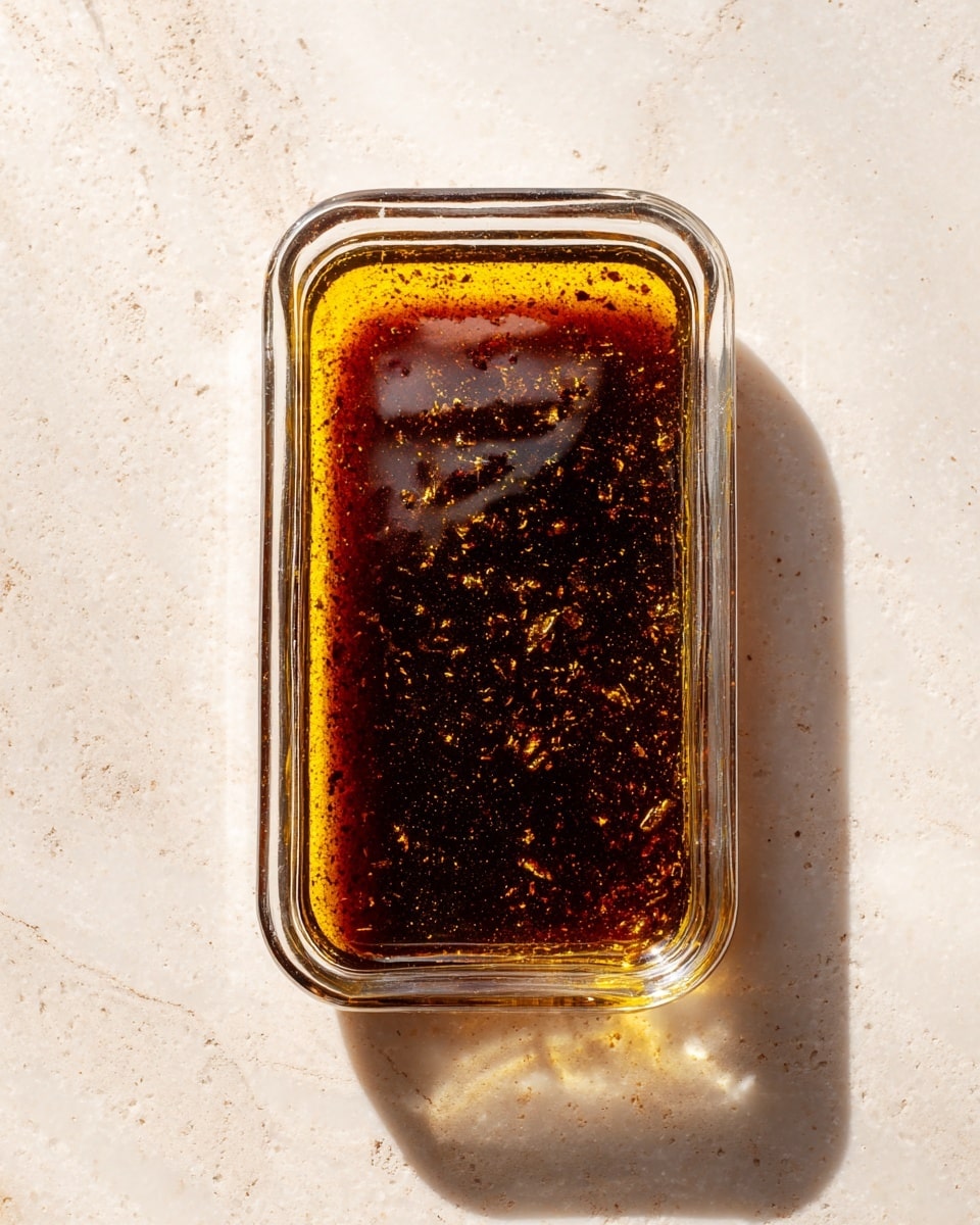 A clear rectangular glass container holds a dark brown liquid with small bits floating in it, giving the surface a textured look. The container is placed on a white marbled surface, and the liquid's rich color contrasts with the bright background. The liquid appears smooth with slight reflections and specks visible throughout. Photo taken with an iphone --ar 4:5 --v 7
