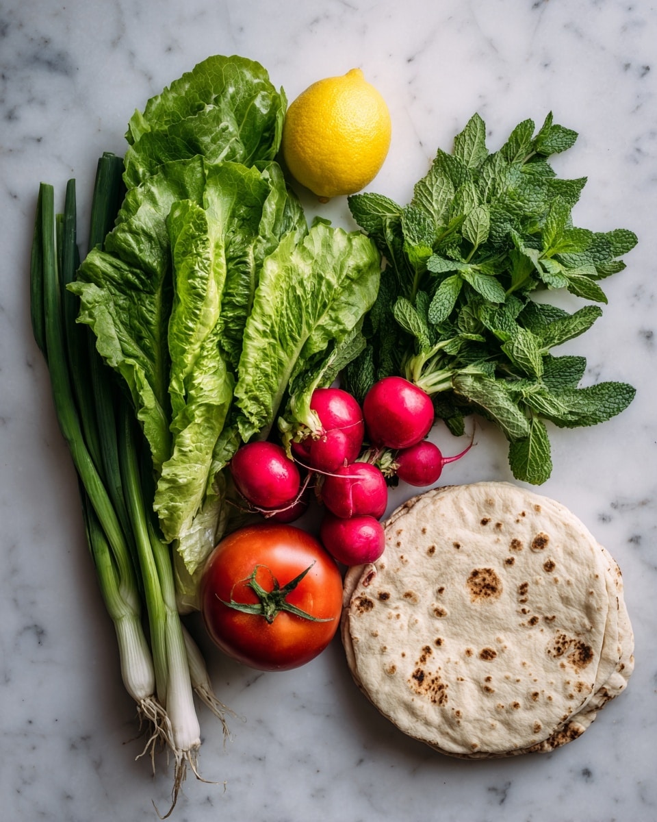 This image shows fresh vegetables and pita bread on a white marbled surface. On the left side, there is a bunch of green leafy lettuce, with scallions placed just above it, long and thin with green tops and white bottoms. Above the scallions is a bright yellow lemon. To the right of the lemon, a cluster of red radishes with green leaves is seen. Next to the radishes are two round, red tomatoes with green stems. Above the tomatoes are dark green cucumber and fresh green mint leaves. All items are arranged loosely and naturally. A round flat pita bread with light brown spots rests to the right near the bottom. photo taken with an iphone --ar 4:5 --v 7