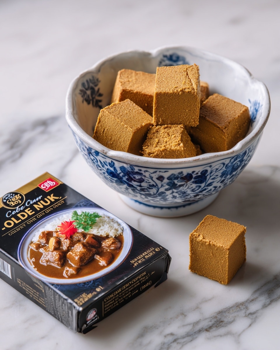 The image shows a white bowl with a blue floral pattern filled with five brown curry blocks, each rectangular with a smooth texture and slightly rough edges. One block is turned on its side, revealing a denser, uniform inside. Below the bowl, on a white marbled surface, lies a black box of S&B Golden Curry mix, featuring a photo of a curry dish with rich brown sauce over rice and meat garnished with a small green leaf and red item. The overall setting is simple and clean with soft lighting. photo taken with an iphone --ar 4:5 --v 7