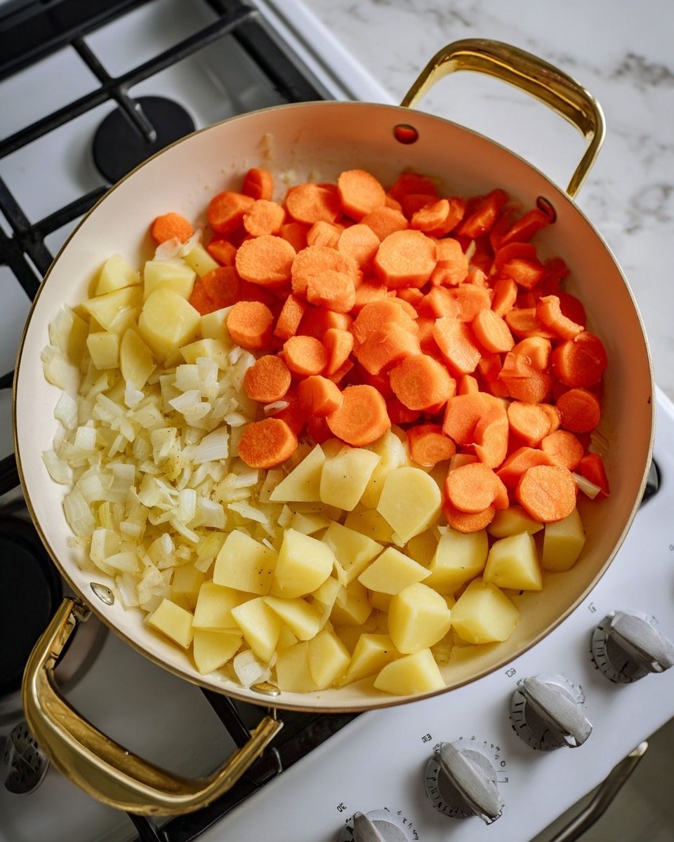 A white pan with a gold handle filled with three layers of vegetables: the bottom layer is pale yellow and light brown chopped onions scattered unevenly, the middle layer is made up of small light yellow potato chunks with smooth skin, and the top layer consists of bright orange carrot slices cut into rounds. The pan sits on a stovetop with grey knobs, and the background features a white marbled texture. photo taken with an iphone --ar 4:5 --v 7