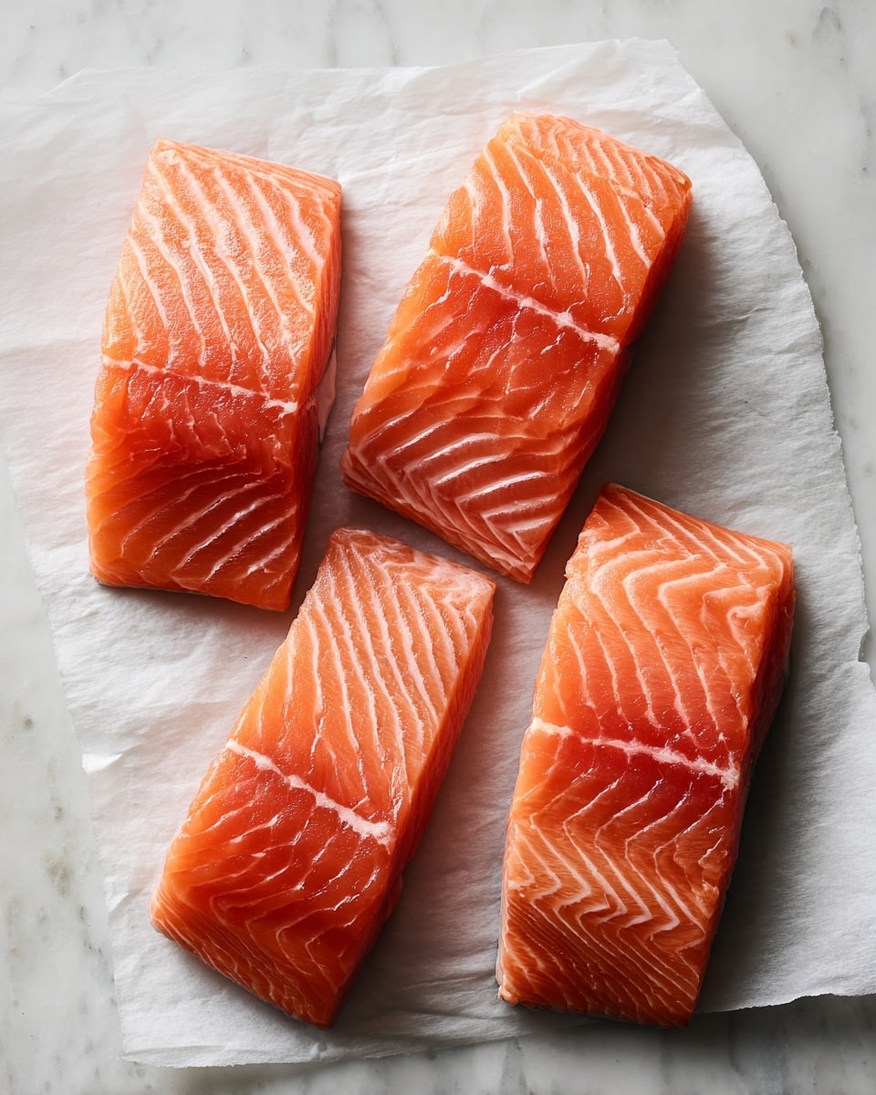 Four pieces of fresh raw salmon fillets lie flat in a row on white parchment paper over a white marbled surface. Each fillet shows bright orange skin with smooth, shiny textures and fine white fat lines running through the thick flesh. They vary slightly in shape, some with slanting edges and one with a sharper corner, all resembling thick raw fish cuts ready for cooking. The lighting highlights the salmon's moist and fresh appearance, emphasizing its rich colors and smooth surfaces. photo taken with an iphone --ar 4:5 --v 7