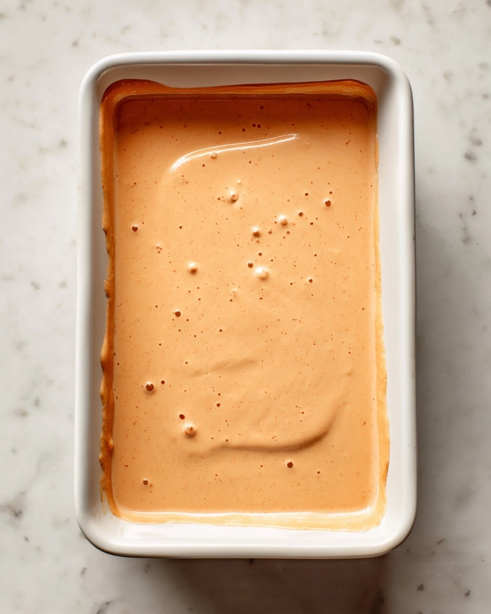 A single, smooth layer of light orange creamy sauce fills a white rectangular baking dish. The sauce surface looks even with small bubbles and a slightly glossy texture. There are some light smears and drips of the same sauce on the edges inside the dish. The background is a white marbled surface. photo taken with an iphone --ar 4:5 --v 7