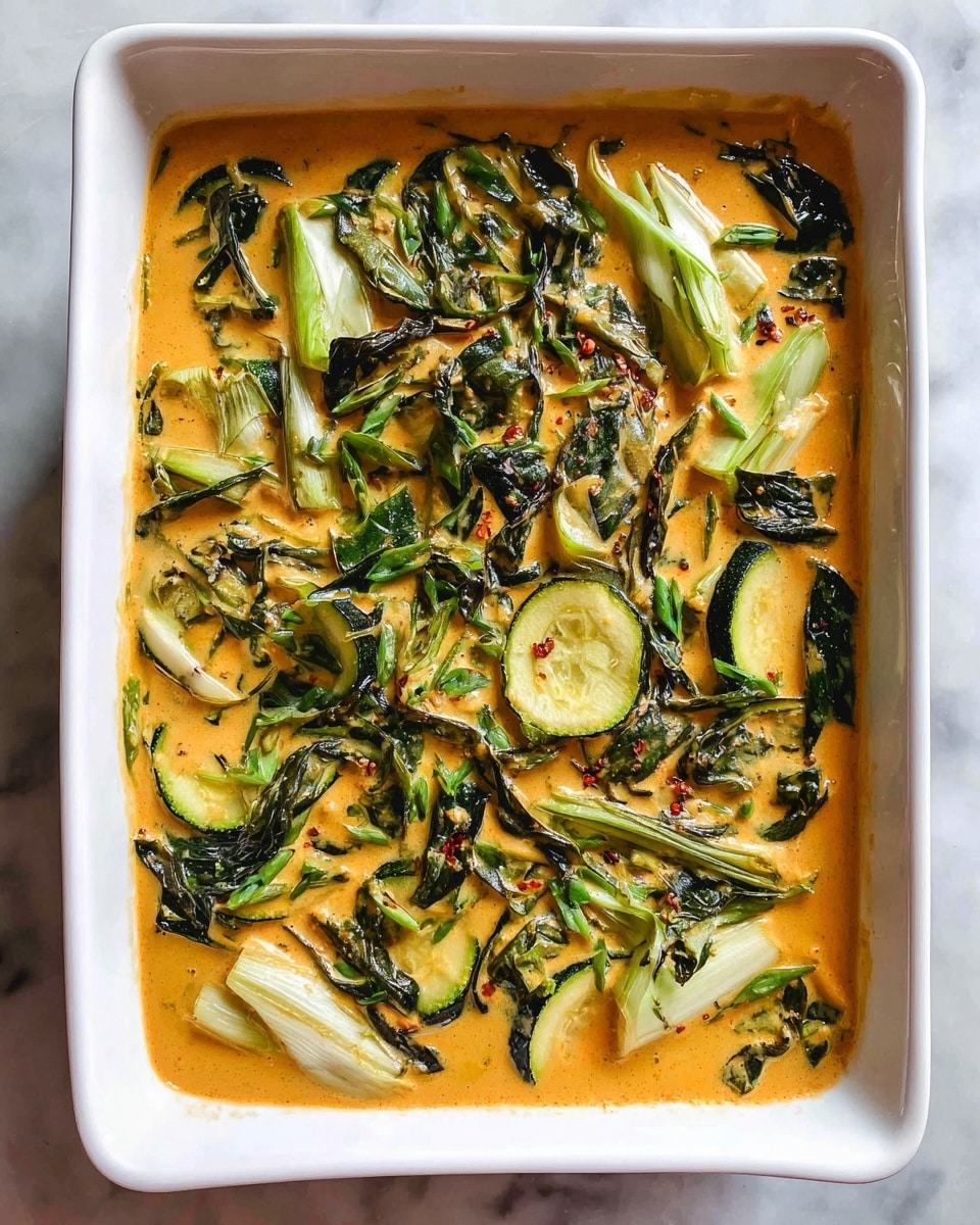 A white rectangular dish filled with a creamy orange sauce. Inside the sauce, there are green vegetable pieces including sliced zucchini with dark green edges, light green leafy greens, and white vegetable stalks, all spread evenly and partially submerged in the sauce. The dish is set on a white marbled surface. photo taken with an iphone --ar 4:5 --v 7