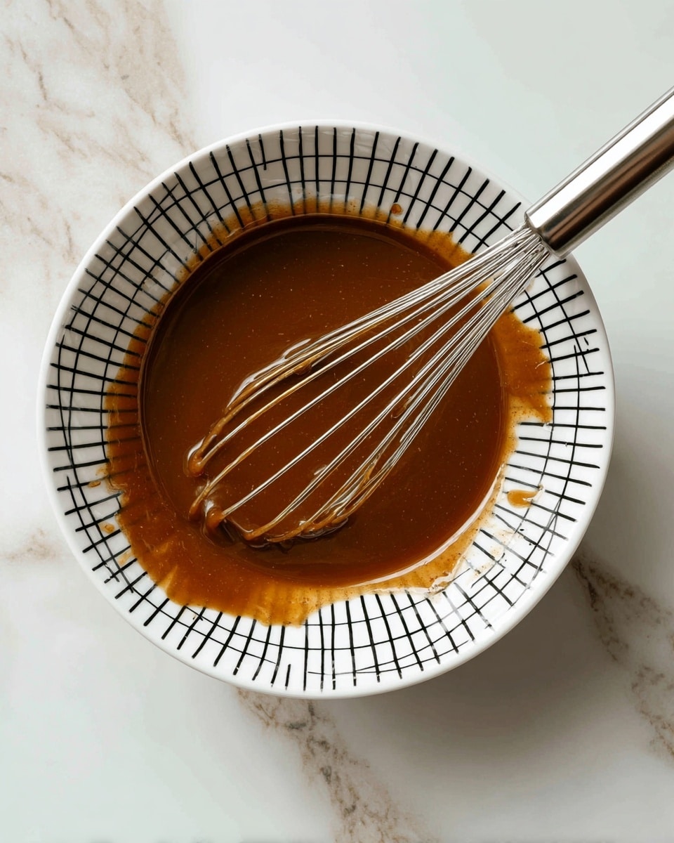 A white bowl with a black grid pattern holds a single layer of thick, smooth brown sauce with a shiny texture. A metal whisk is partially dipped into the sauce, with some sauce clinging to its wires. The bowl is placed on a white marbled surface. photo taken with an iphone --ar 4:5 --v 7