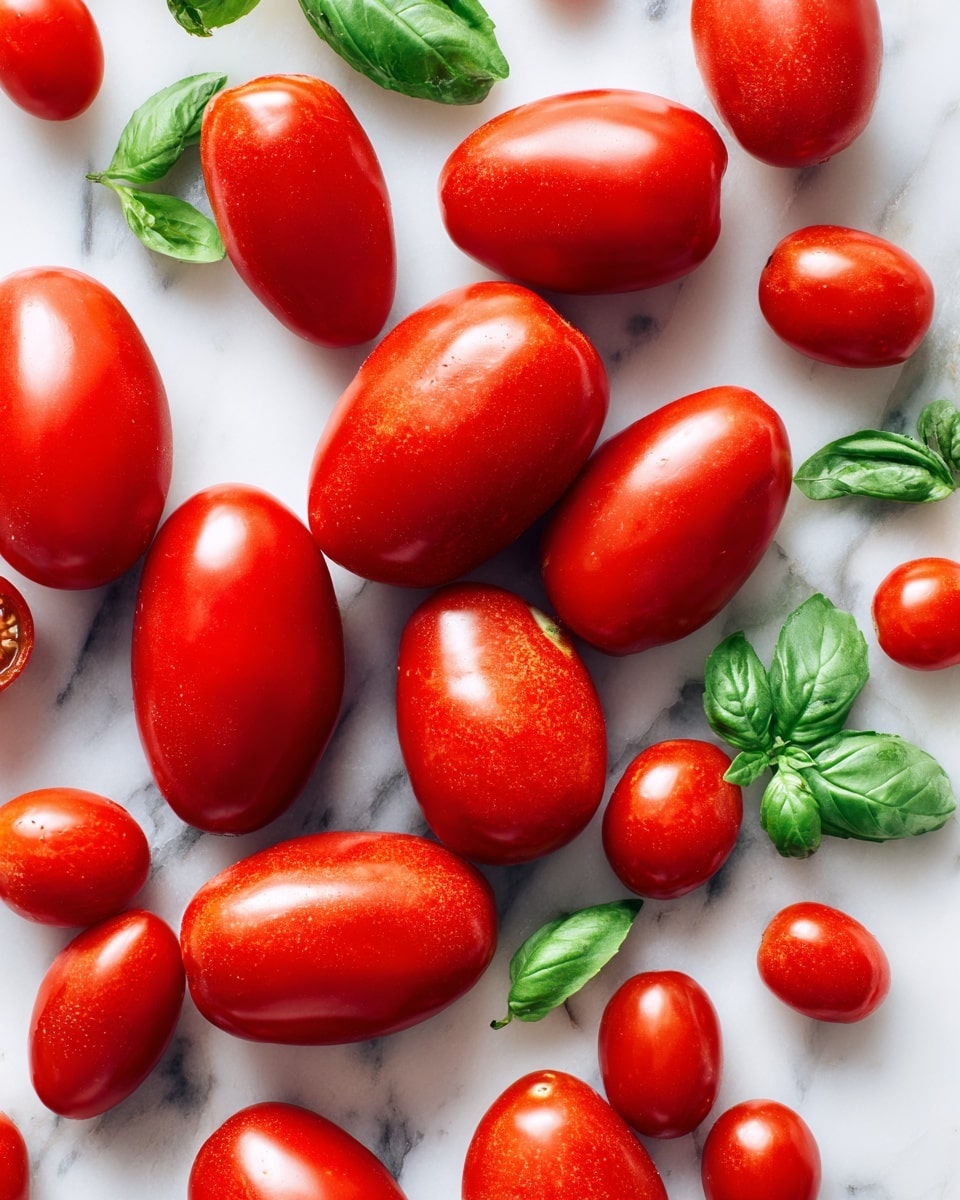 The image shows a group of shiny red tomatoes in different sizes spread out on a white marbled surface. There are larger, oval-shaped tomatoes and smaller, round ones scattered closely together. On the right side of the image, there are a few green basil leaves placed near the tomatoes, adding a fresh green color contrast. The tomatoes have a smooth, glossy texture and rich red color, while the basil leaves appear crisp and vibrant. The whole setting looks fresh and bright, highlighting the natural colors of the tomatoes and leaves. photo taken with an iphone --ar 4:5 --v 7