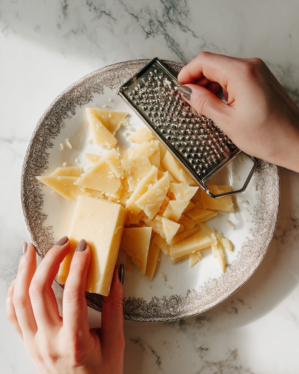 A close-up image of a woman's hands grating a block of pale yellow cheese over a white plate with a decorative rim. The plate holds thin, irregular slices of the same cheese, arranged in a loose pile near the center. The woman's right hand holds a metal grater tool, while the left hand secures the cheese block. The scene is set on a white marbled surface that contrasts with the warm tones of the hands and cheese. Photo taken with an iphone --ar 4:5 --v 7