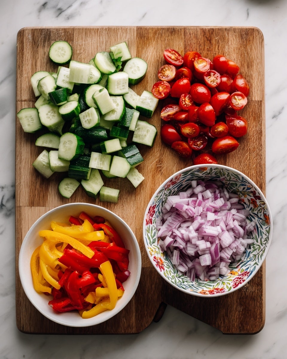 The image shows a wooden cutting board placed on a white marbled surface with four piles of chopped vegetables arranged on it. Starting from the top left, there are unevenly sliced cucumber pieces with light green interiors and dark green skin. To the right, there are multiple quartered cherry tomatoes showing their red juicy interiors and seeds. Below the cucumbers, there is a small white bowl filled with thin sliced red and yellow bell peppers. To the right of this bowl, a colorful patterned bowl contains finely chopped red onions soaked in water. Photo taken with an iphone --ar 4:5 --v 7
