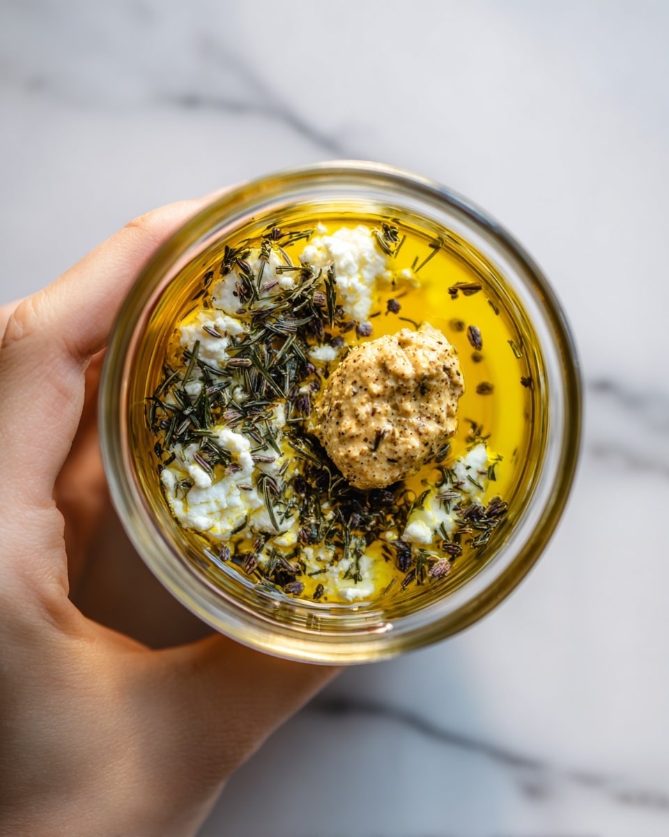 A clear container held by a woman's hand shows a mixture of ingredients layered inside. At the bottom is a bright golden-yellow liquid, likely oil. On top of the oil are scattered chunks of white, crumbly cheese set against sprinkled dark green dried herbs. Sitting on the cheese and herbs is a dollop of light brown mustard, creating a mix of rough and smooth textures. The scene is set on a white marbled background. photo taken with an iphone --ar 4:5 --v 7