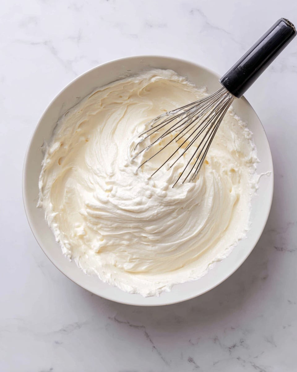 A white bowl filled with a thick, fluffy white whipped mixture with soft peaks and some small air bubbles showing its light texture. A black electric whisk with thin metal wires is partially resting inside the whipped mixture, with its handle stretching out to the right side of the image. The bowl sits on a white marbled surface, with some remnants of the mixture clinging to the sides of the bowl, showing a smooth and creamy consistency photo taken with an iphone --ar 4:5 --v 7