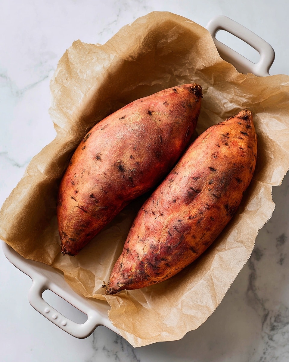 Two large sweet potatoes with rough, reddish-brown skin and dark spots are placed side by side on a piece of light brown baking paper. The baking paper rests in a white dish with handles on both sides. The dish lies on a white marbled surface. Photo taken with an iphone --ar 4:5 --v 7