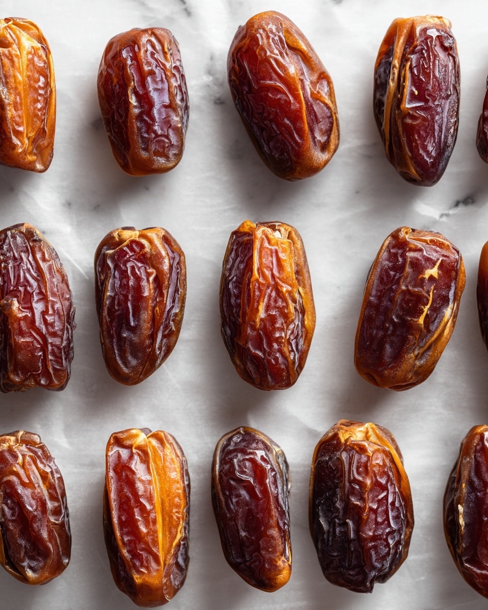 The image shows three rows of dried dates evenly spaced on a white sheet of parchment paper. Each date is split open lengthwise, revealing a soft brown interior that contrasts with the dark, wrinkled, shiny outer skin. The parchment paper is placed on a white marbled surface, creating a bright and clean background. The dates vary slightly in size and shape but maintain a uniform presentation across the image. Photo taken with an iphone --ar 4:5 --v 7
