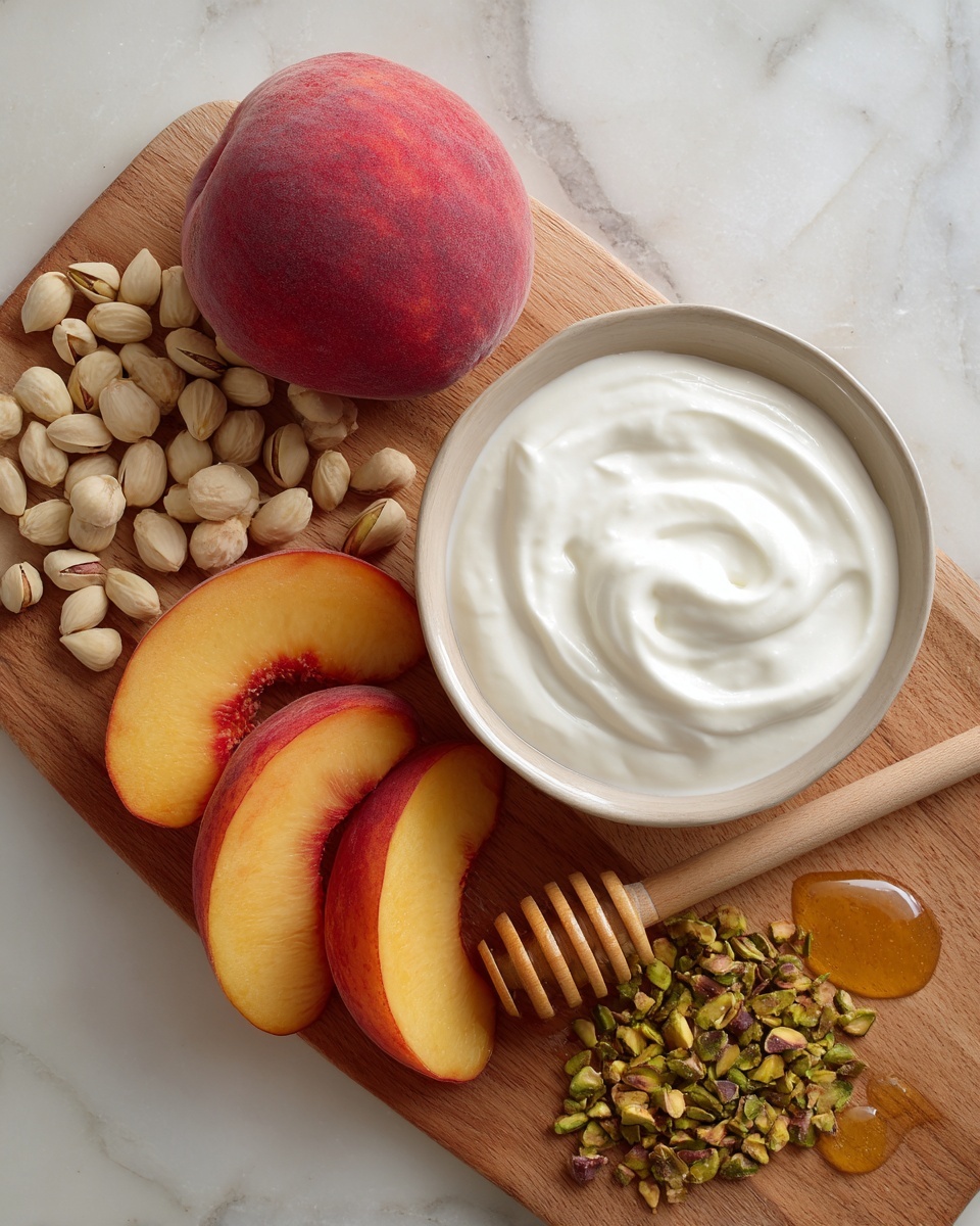 The image shows a wooden surface with a round white bowl filled with thick white yogurt on the right side, next to a wooden honey dipper resting on a small puddle of golden honey. To the left of the bowl, several thin slices of red and orange peach are arranged in a small pile. Above the sliced peaches, there is a whole red peach with a rough skin texture. On the left side of the image, two piles of chopped nuts are placed closely: one pile of light beige hazelnuts on top and one pile of greenish pistachios below. The background is a white marbled texture. Photo taken with an iphone --ar 4:5 --v 7