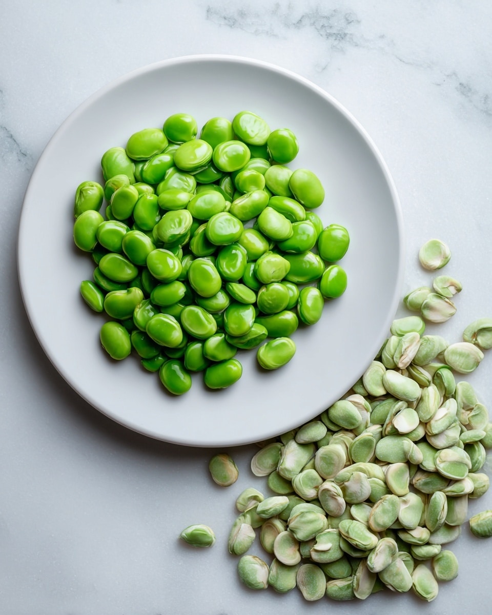 A white plate filled with one layer of bright green, shiny broad beans in the center, showing smooth texture with some beans slightly split open. Next to the plate, there is a small pile of dry, light green beans with a rougher, matte texture scattered on a white marbled surface. The beans contrast between fresh and dried, with the plate resting slightly to the right of the image. Photo taken with an iphone --ar 4:5 --v 7