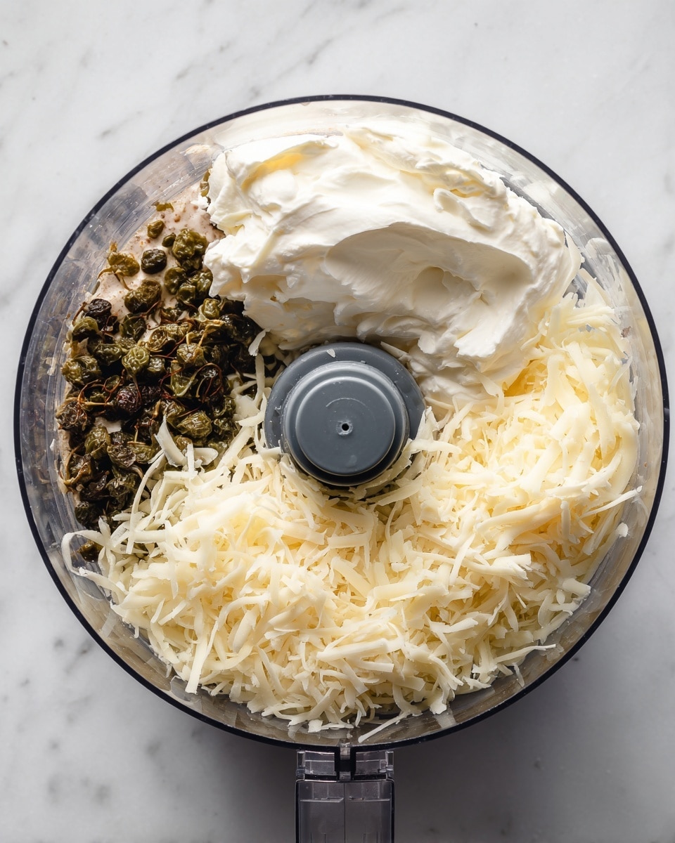 A clear round food processor bowl shows layers of ingredients inside: greenish-brown capers in oil sitting mostly on the left, a creamy white dollop of sour cream or similar on the top right, and a large heap of finely shredded pale yellow cheese covering the center and right bottom. The food processor blade is visible in the middle, dark gray with a central post. The bowl rests on a white marbled surface. photo taken with an iphone --ar 4:5 --v 7