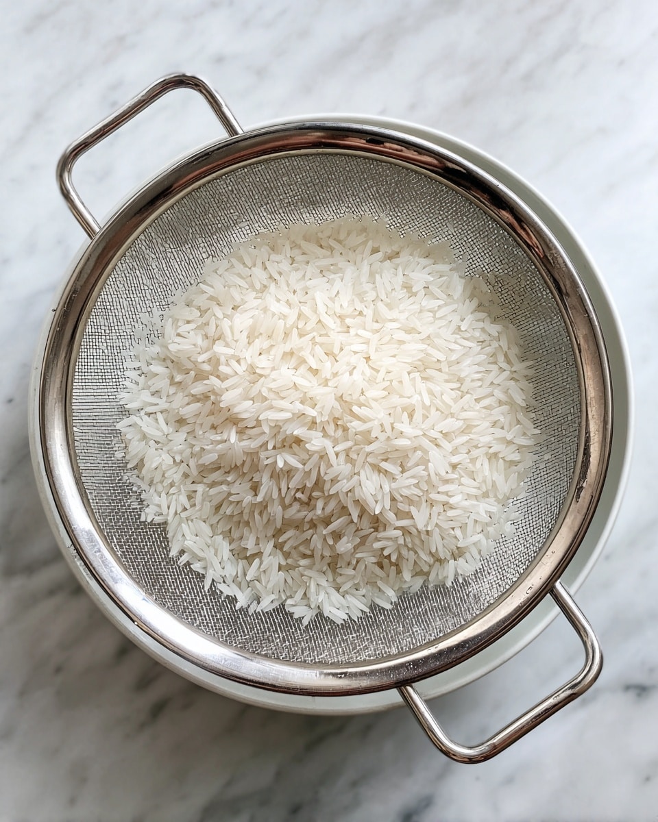 The image shows a silver metal strainer filled with white rice grains, resting over a large white bowl. The bowl and strainer are placed on a surface with a white marbled texture. The rice grains look clean and separated, and the strainer has a fine mesh with two handles. Photo taken with an iphone --ar 4:5 --v 7