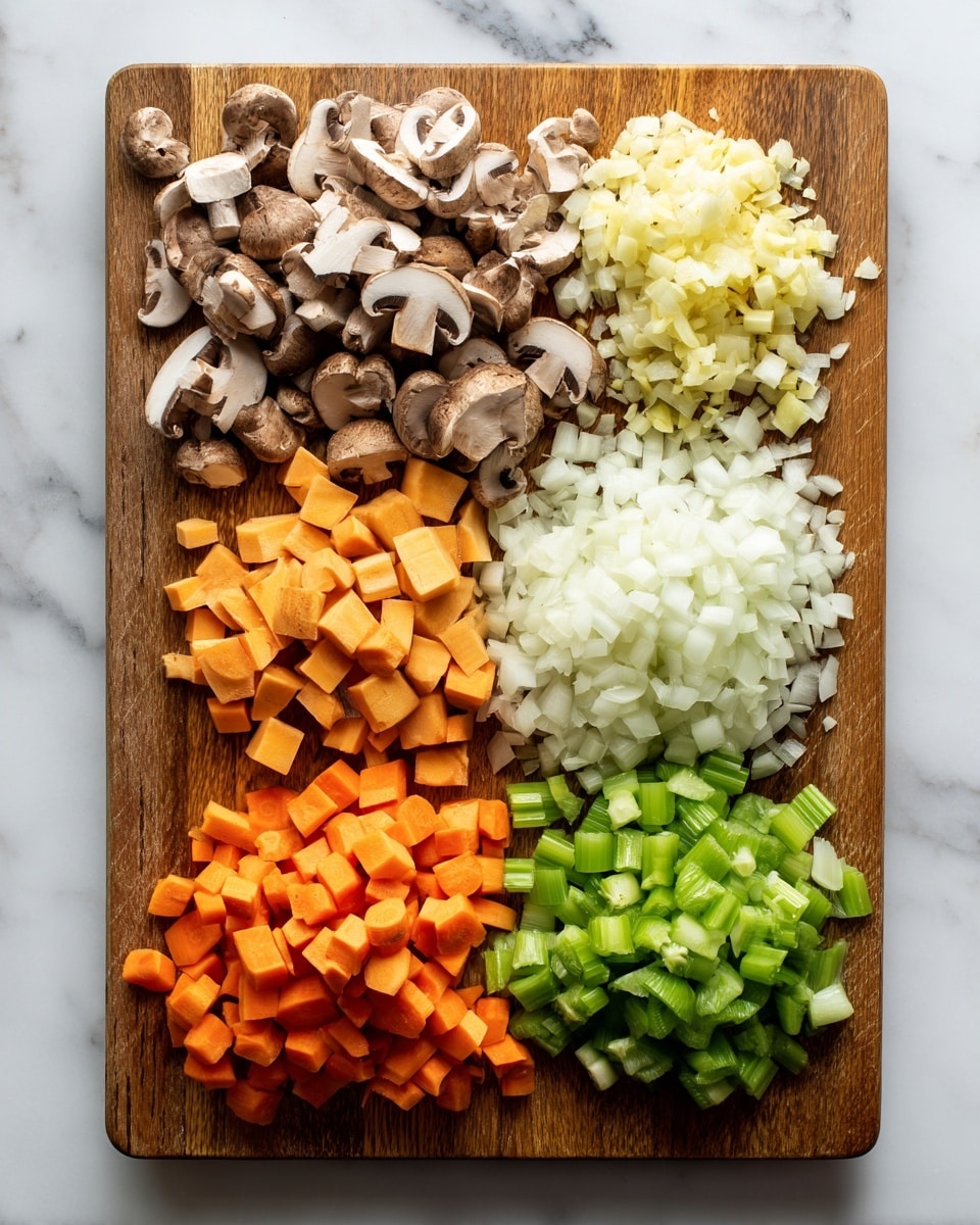 The image shows a wooden board placed on a white marbled surface, with six neat piles of chopped vegetables arranged on it. Starting from the top left, there is a pile of thinly sliced brown mushrooms with a soft texture. To the right of the mushrooms is a heap of finely chopped white onions. Above the onions, in the top right corner, are very small pieces of light yellow garlic. Below the mushrooms, at the bottom left, are medium chunks of orange sweet potatoes. In the center bottom is a pile of green celery pieces. To the right of the celery, at the bottom right, are diced orange carrots. The image is bright and clear, showing good detail of each vegetable texture. Photo taken with an iphone --ar 4:5 --v 7