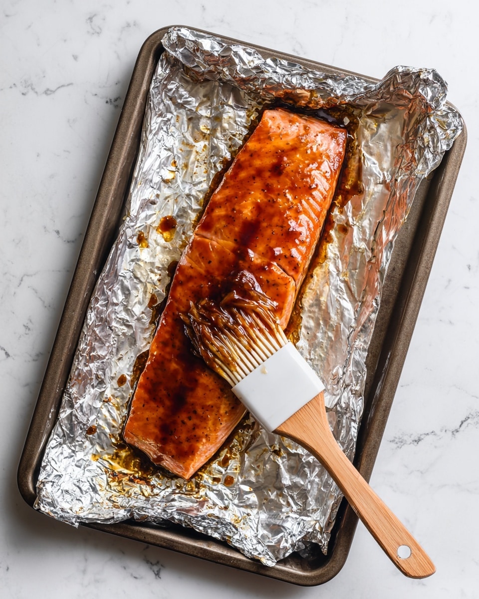 A single cooked fillet with a shiny orange-brown glaze on top lies on a crinkled sheet of foil covering a baking tray. A white silicone brush is spreading the glaze over the smooth surface of the fillet, which has slightly darker edges where it has cooked more. The foil has some small brown spots and a few drops of glaze around the fillet. The whole scene sits on a white marbled textured surface. Photo taken with an iphone --ar 4:5 --v 7