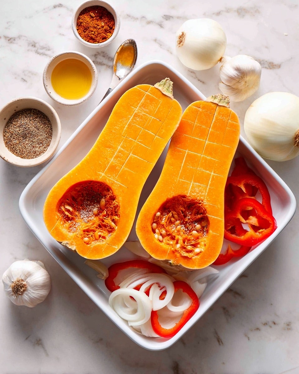 The image shows two halves of a bright orange butternut squash placed on a white marbled surface, one half has seeds removed with a spoon, revealing the hollow seed cavity, and the other half has a grid pattern scored on the flesh; surrounding the squash are small bowls of spices, garlic bulbs, a small bowl of amber oil, a white onion cut in half, and a red bell pepper. In the second panel, the two squash halves are laid flat inside a white rectangular baking dish, sprinkled with reddish-brown spices, with sliced white onion pieces and red bell pepper halves arranged around and beneath the squash, the squash flesh showing some darkened spice spots, all resting on the white marbled background. Photo taken with an iphone --ar 4:5 --v 7