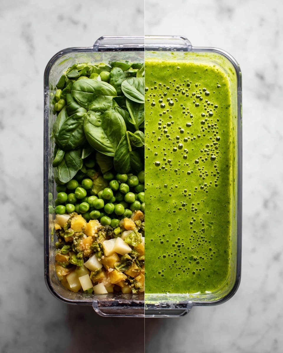 The image shows two side-by-side views of a blender container placed on a white marbled surface. The left side displays the blender filled with four visible layers: at the bottom is a mix of cooked green peas, chopped green vegetables, and some light yellow pieces, topped by fresh bright green basil leaves covering most of the surface. The right side shows the same blender now filled with a smooth, thick bright green sauce, uniform in texture with some small bubbles on top, filling about three-quarters of the container. Photo taken with an iphone --ar 4:5 --v 7