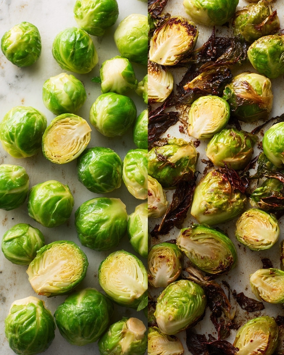 A close-up image shows a dark gray bowl filled with bright green roasted Brussels sprouts cut in half, topped with small pieces of crispy brown bacon and drizzled with a creamy off-white sauce that looks smooth and slightly thick. Two lemon wedges rest on the side of the bowl, adding a fresh yellow contrast. A silver fork is tucked into the right side of the bowl. The background is a white marbled texture, and small bowls with light orange sauces are faintly visible in the top part of the image. Photo taken with an iphone --ar 4:5 --v 7