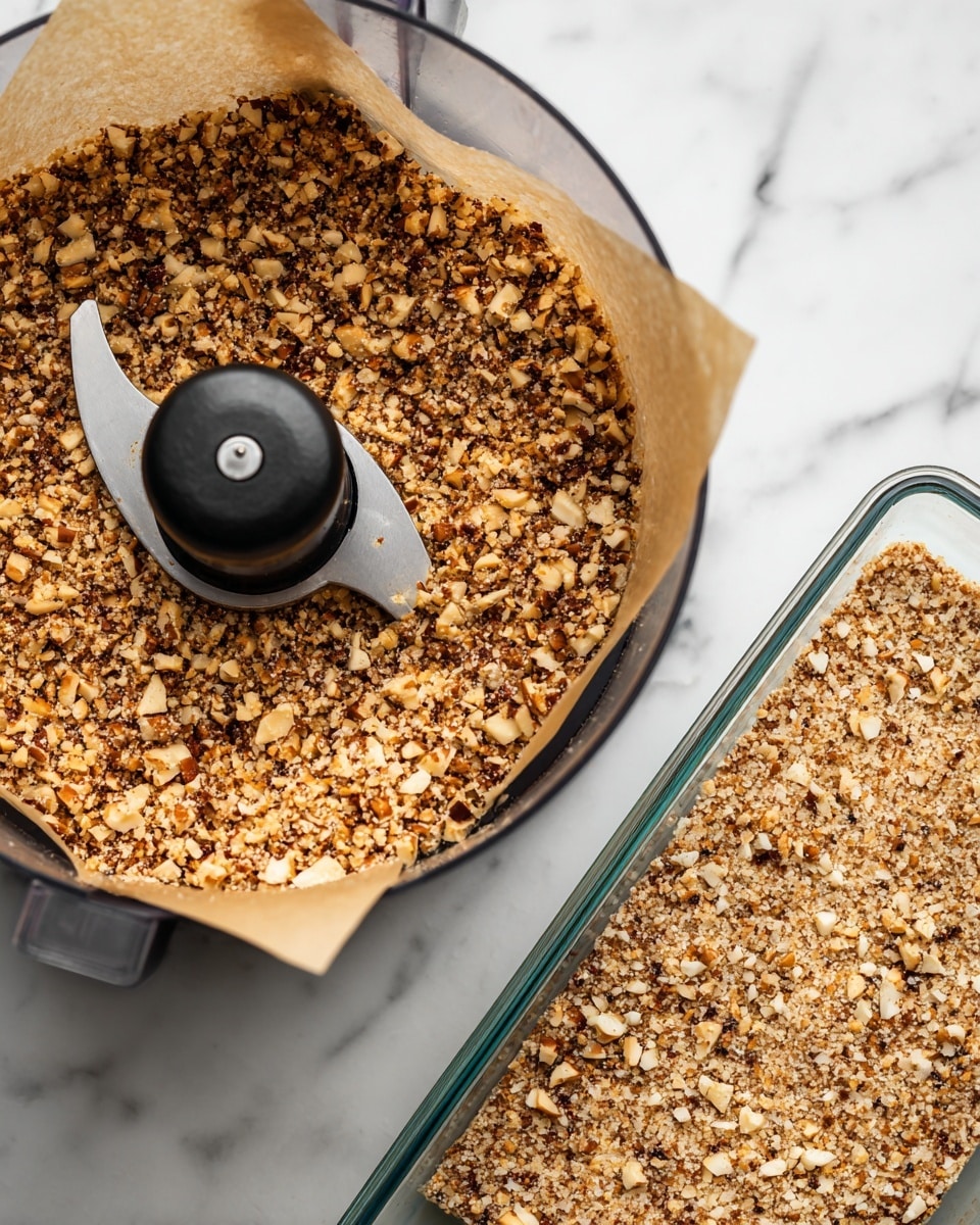 The image shows a close-up of a food processor with finely chopped nuts inside, showing a mix of light and dark brown pieces with a coarse texture surrounding the central black blade. On the right side, there is a clear glass rectangular baking dish lined with parchment paper filled evenly with a pressed layer of the chopped nut mixture, which is light brown with white nut bits and a slightly rough texture. The scene is set on a white marbled surface. photo taken with an iphone --ar 4:5 --v 7