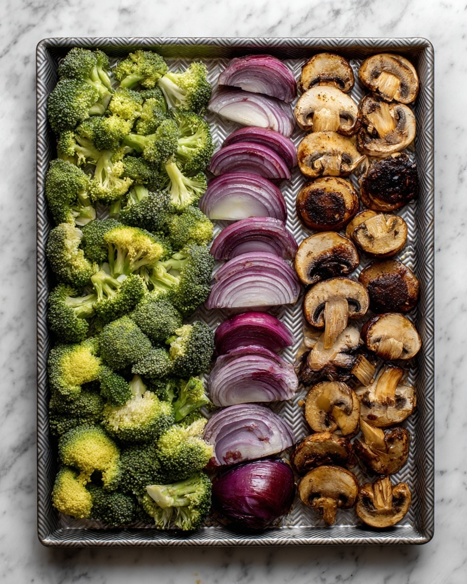 The image shows two side-by-side views of a baking tray with three groups of ingredients arranged in rows. The top row has green broccoli florets with a firm texture, the middle row has thin slices of purple-red onion with curved shapes, and the bottom row has thick, brownish slices of mushrooms with a smooth surface. The left side shows fresh raw vegetables with bright colors, while the right side shows the same vegetables roasted, appearing darker, slightly shriveled, and with crisp edges. The baking tray has a grey zigzag texture, and the whole scene is set on a white marbled surface. photo taken with an iphone --ar 4:5 --v 7