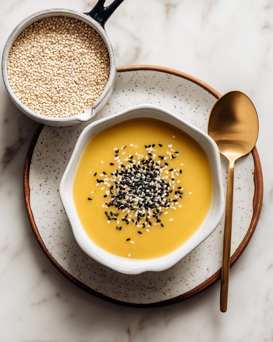 The image shows a small white scalloped bowl filled with smooth bright yellow soup, topped with scattered black and white sesame seeds. The bowl is placed on a larger white speckled plate with a brown rim, accompanied by a golden spoon resting on the right side of the plate. Both are set on a white marbled surface. Next to it is a white saucepan with black handle containing uncooked, light-colored quinoa grains soaked in a small amount of water, also on the white marbled background. photo taken with an iphone --ar 4:5 --v 7