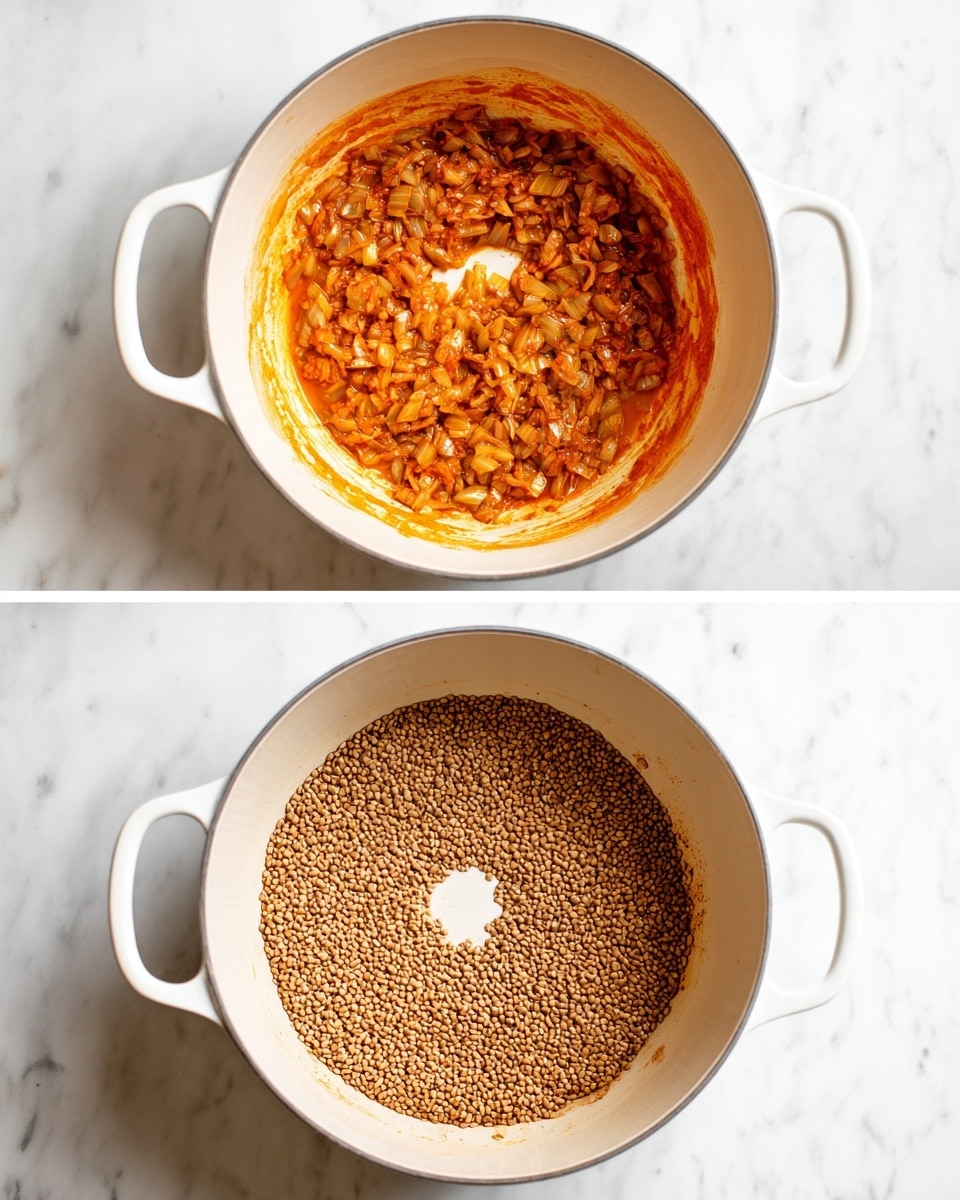 A white pot with two handles is shown from above on a white marbled surface. The first image shows a single layer of small, cooked onion pieces mixed with a reddish-orange sauce, spread unevenly along the curved bottom of the pot with some swipe marks visible. The second image shows the pot filled with a single even layer of small seeds or grains, light brown and beige, with a small clear circle in the center where the layer is slightly thinner, revealing the pot’s surface underneath. Photo taken with an iphone --ar 4:5 --v 7