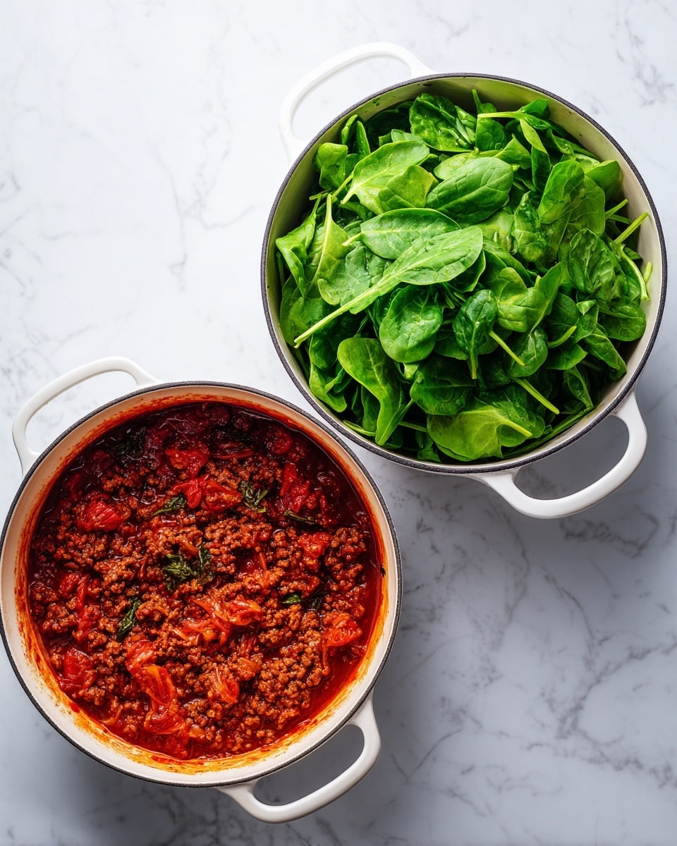 The image shows two white pots on a white marbled surface. The left pot is filled with a rich, red tomato sauce with visible chunks of tomato and herbs floating on the surface, giving it a thick texture. The right pot has a bottom layer of cooked ground meat mixed with sauce, reddish-brown in color, and is topped with a fresh pile of bright green spinach leaves spread evenly over the meat. The vibrant green leaves contrast with the warm tones of the meat underneath, with the pot handles visible on both sides. Photo taken with an iphone --ar 4:5 --v 7