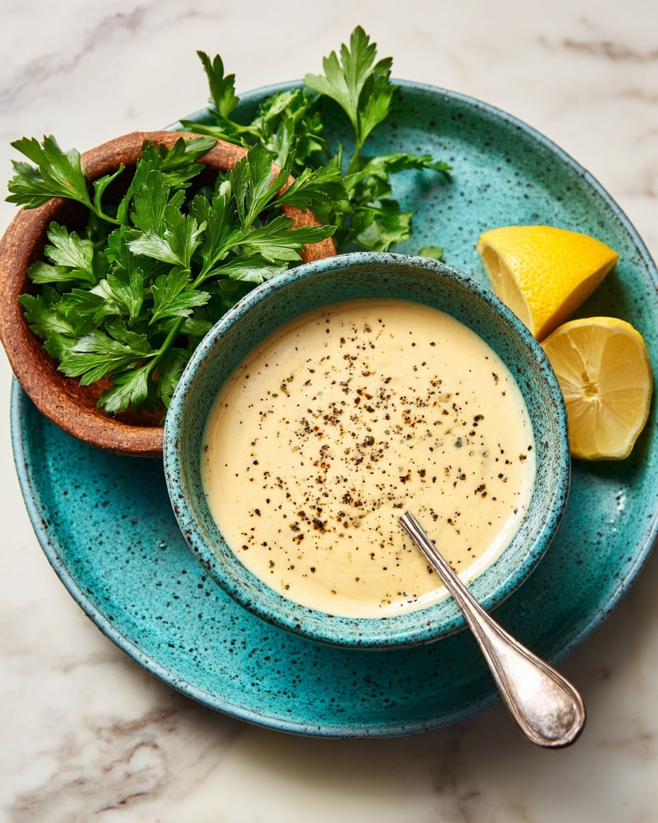 A turquoise bowl with a speckled pattern holds a thick, creamy beige sauce sprinkled with black pepper, with a small silver spoon resting inside. The bowl is placed on a large white plate, next to a small brown bowl filled with fresh green parsley leaves and a bright yellow half lemon. All of these items sit on a white marbled surface. photo taken with an iphone --ar 4:5 --v 7