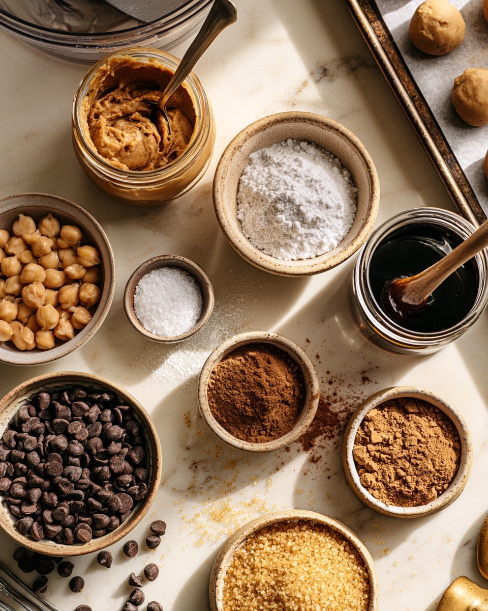 Two images side by side show the process of making a thick brown paste in a clear food processor bowl on a white marbled surface. The left image shows the bowl filled with many ingredients layered but not mixed: a coarse yellow crumb base on the edges, white powdery substance on the top right, smooth light brown peanut butter on the top center, dark brown spice powder to the left, and some dark liquid near the bottom left. The right image shows the same food processor bowl with the ingredients fully blended into a smooth, dense, uniform brown paste. A woman's hand is lightly holding the bowl's white handle on the lower right edge in both images. Photo taken with an iphone --ar 4:5 --v 7