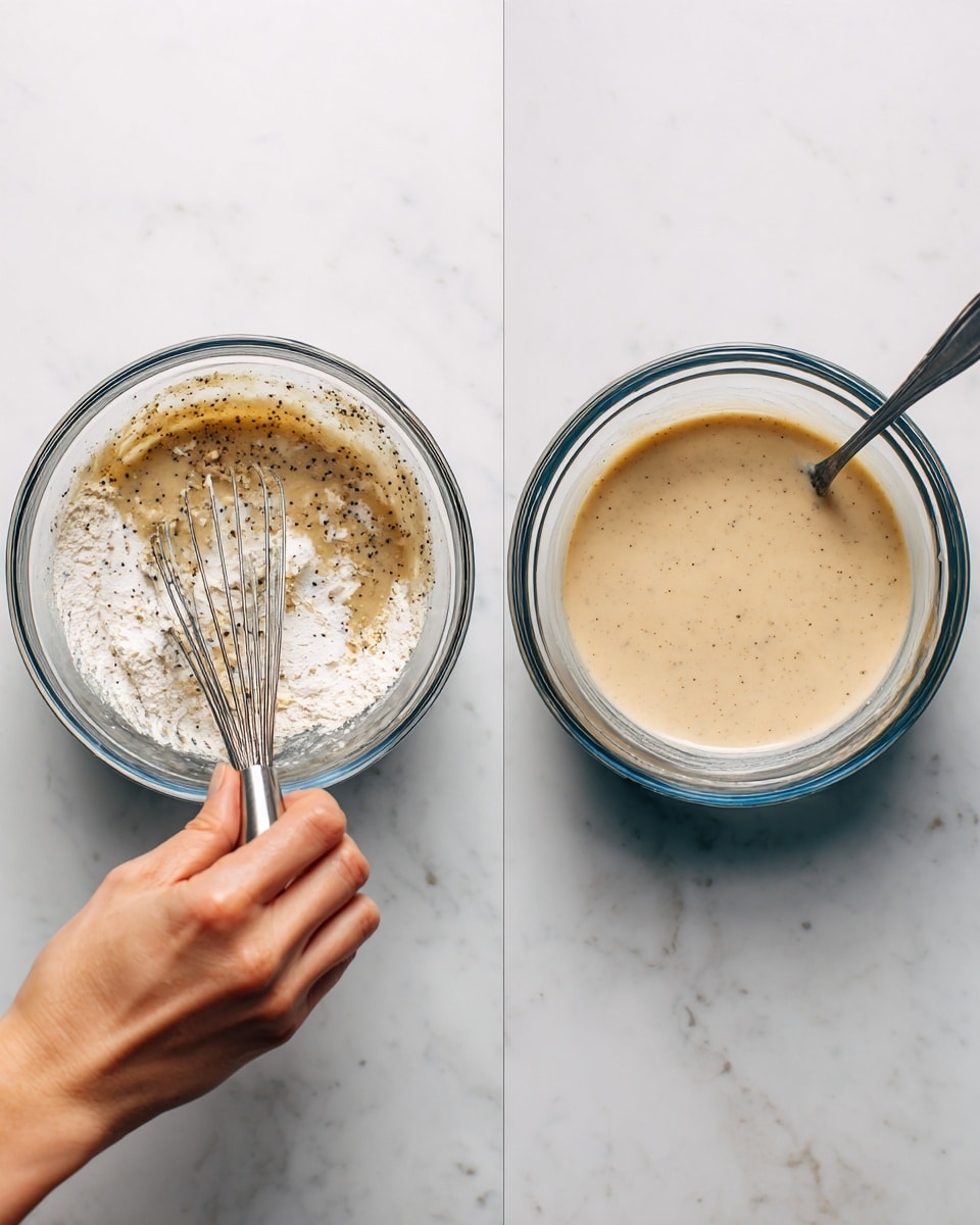 The image shows two clear glass mixing bowls side by side on a white marbled surface. The bowl on the left contains a mixture of white and light beige ingredients with visible specks of black pepper and a whisk resting inside, held by a woman's hand. The bowl on the right shows the same clear glass bowl filled with a smooth, light beige liquid mixture without any visible chunks or specks. There is a dark blue arrow pointing from the left bowl to the right bowl, indicating a progression from the first to the second bowl. photo taken with an iphone --ar 4:5 --v 7