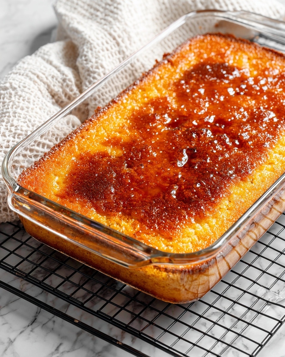 A clear glass rectangular baking dish filled with a thick, golden brown baked dessert that has a cracked and rough textured top layer, showing a mix of darker and lighter golden shades across the surface. The dish is placed on a black and white checkered cooling rack, which rests on a white marbled textured surface. A corner of a white textured cloth is visible near the dish. Photo taken with an iphone --ar 4:5 --v 7