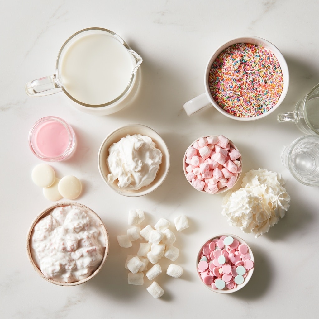 The image shows a shiny metal saucepan filled with a frothy light pink liquid, placed on a white marbled surface. Surrounding the saucepan are small white bowls containing white candy melts, bright pink round sprinkles, and a mix of purple and blue coarse sprinkles. There is also a white bowl with a white creamy substance partially visible at the top left, and two clear glasses of water to the right. A light blue cloth is resting and partially visible on the bottom left corner. The scene is clean and bright with soft natural light. photo taken with an iphone --ar 4:5 --v 7
