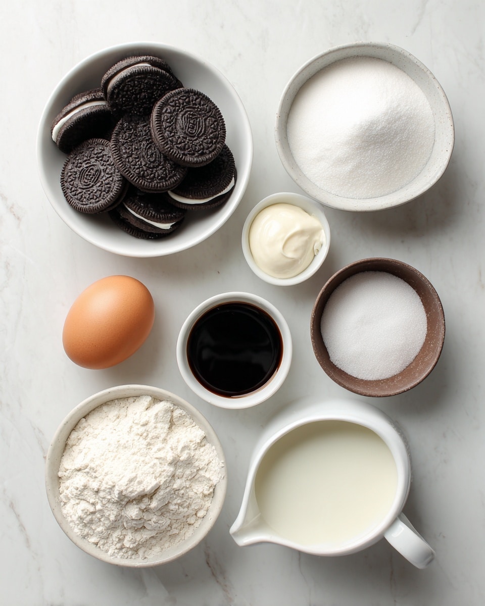 A top view of baking ingredients arranged on a white marbled surface, with a white bowl filled with dark chocolate sandwich cookies at the top left, and a white bowl containing white sugar on the top right. Below, there is a single brown egg placed on the left, a small white bowl with cream in the center, and a small brown cup filled with dark liquid to the right. Further down, a white bowl filled with white flour is at the bottom left, a small white bowl with baking powder is in the center, and a small white pitcher filled with milk is at the bottom right. The arrangement is neat and evenly spaced, showing the raw materials for baking. photo taken with an iphone --ar 4:5 --v 7