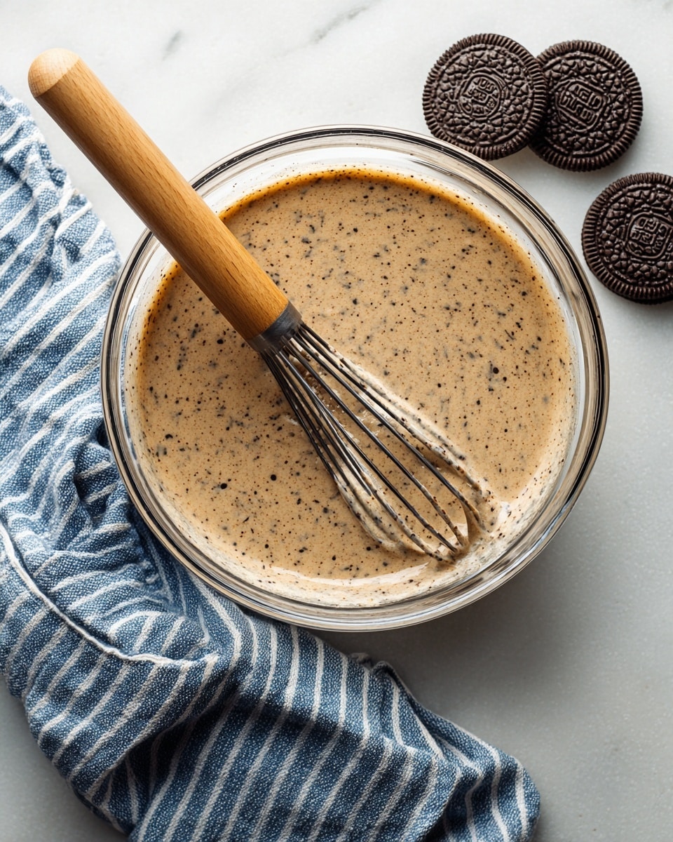 A clear glass bowl filled with light brown batter speckled with darker particles sits in the center. A whisk with a wooden handle is placed inside the bowl, partially coated with the batter. Three dark chocolate sandwich cookies are placed on the white marbled surface near the top right corner. A blue and white striped towel is loosely arranged near the bottom left corner. The photo is taken from above with soft light highlighting the textures. photo taken with an iphone --ar 4:5 --v 7