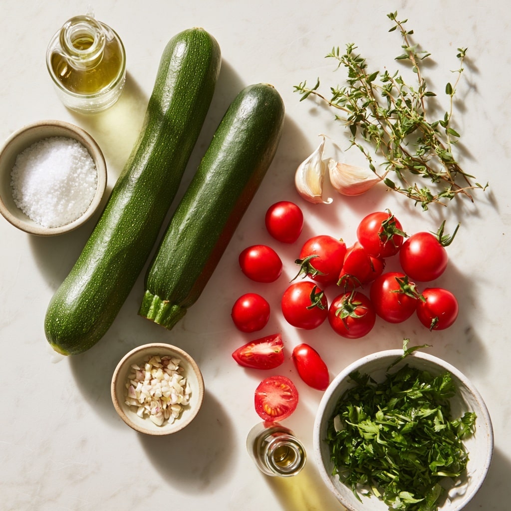 The image shows four stages of preparing a dish with zucchini and a tomato salad. The first top-left quadrant has four whole green zucchinis lying in a black pan, raw and fresh. The top-right quadrant shows the zucchinis sliced lengthwise with light grill marks and crosshatched cuts, topped with sprigs of thyme and garlic cloves, placed evenly in the black pan. The bottom-left quadrant displays the zucchinis fully cooked with golden-brown grill marks, thyme, and garlic, arranged closely together in the pan. The bottom-right quadrant features a white bowl filled with a colorful fresh tomato salad, showing chopped red and yellow tomatoes mixed with finely chopped green herbs and white onion pieces on a white marbled surface with a wooden spoon next to it. Photo taken with an iphone --ar 4:5 --v 7