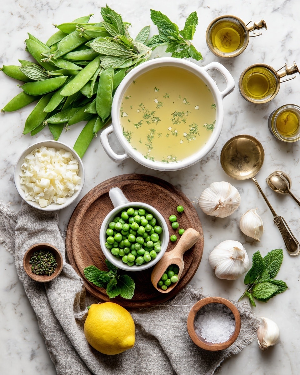 The image shows a flat lay of fresh cooking ingredients arranged on a white marbled surface. In the center, there is a white bowl filled with a light yellow broth that has small bits of herbs floating on top. Below this bowl, a wooden round tray holds a white cup filled with green peas and a wooden scoop resting on top with more peas. To the left is a big bunch of fresh green pea pods and mint leaves on a gray cloth. A bright yellow lemon is placed just below the tray. Around are other ingredients: a small bowl of chopped white onions, fresh garlic bulbs and partially peeled garlic cloves, white onion halves, two small light brown potatoes, and a small bunch of green herbs. There are also three wooden spoons with green peas on them, a small jar of olive oil, and two small white bowls with salt and pepper. Measuring cups with gold handles are placed near the top right. The whole setting looks fresh and natural with soft lighting and airy colors photo taken with an iphone --ar 4:5 --v 7