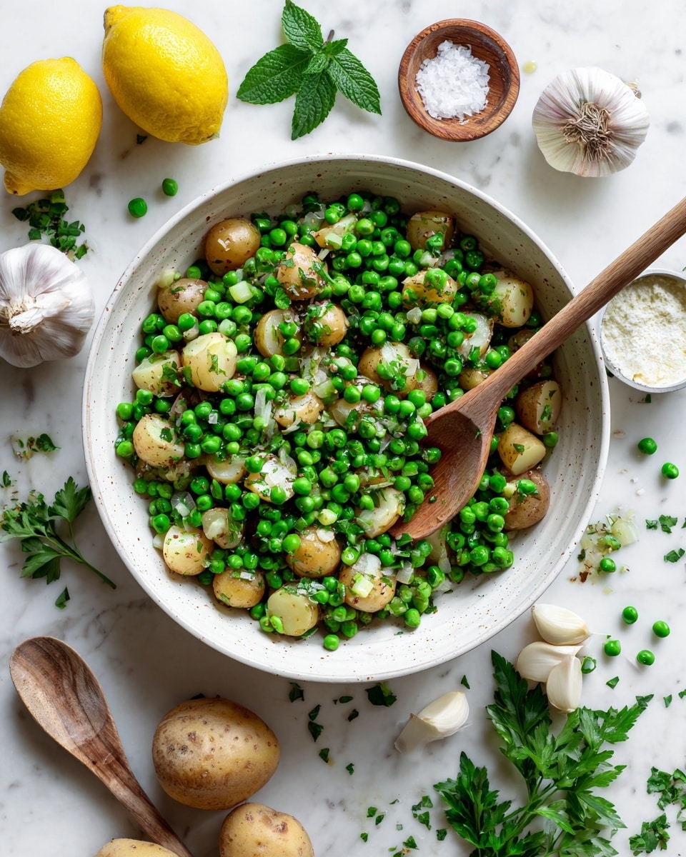 A white bowl filled with a mix of bright green peas and irregular chunks of light brown potato, stirred by a wooden spoon showing some cooked onions stuck on it. Around the bowl are fresh green mint leaves tied together, a whole yellow lemon, a bulb of white garlic, half a white onion, green parsley sprigs, and a wooden spoon holding coarse salt. There are small containers holding cream, olive oil, and a few loose peas scattered nearby, all arranged neatly on a white marbled surface. photo taken with an iphone --ar 4:5 --v 7