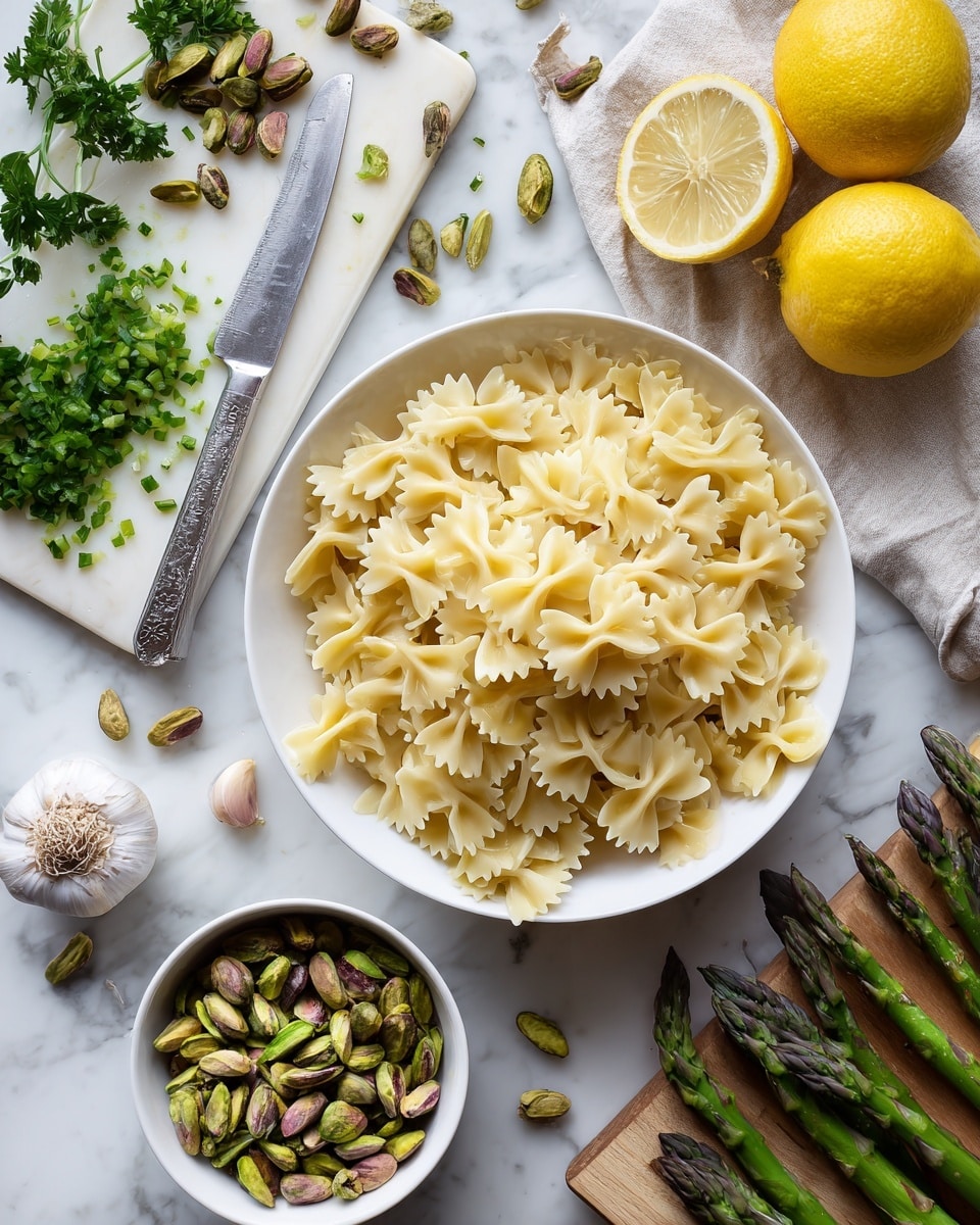 The image shows a white bowl full of uncooked farfalle pasta placed on a white marbled surface, with loose pasta pieces spread around it. Below the bowl, there is a small white cutting board with a silver knife on it, surrounded by chopped green asparagus pieces, while whole asparagus stalks lie beside it on both sides. To the top right of the cutting board, there are two halved lemons and one whole lemon. At the bottom left of the image, there is a bunch of fresh green parsley next to a garlic bulb and two garlic cloves. Towards the bottom center, a small white bowl filled with green pistachios sits among some scattered shelled pistachio nuts. photo taken with an iphone --ar 4:5 --v 7