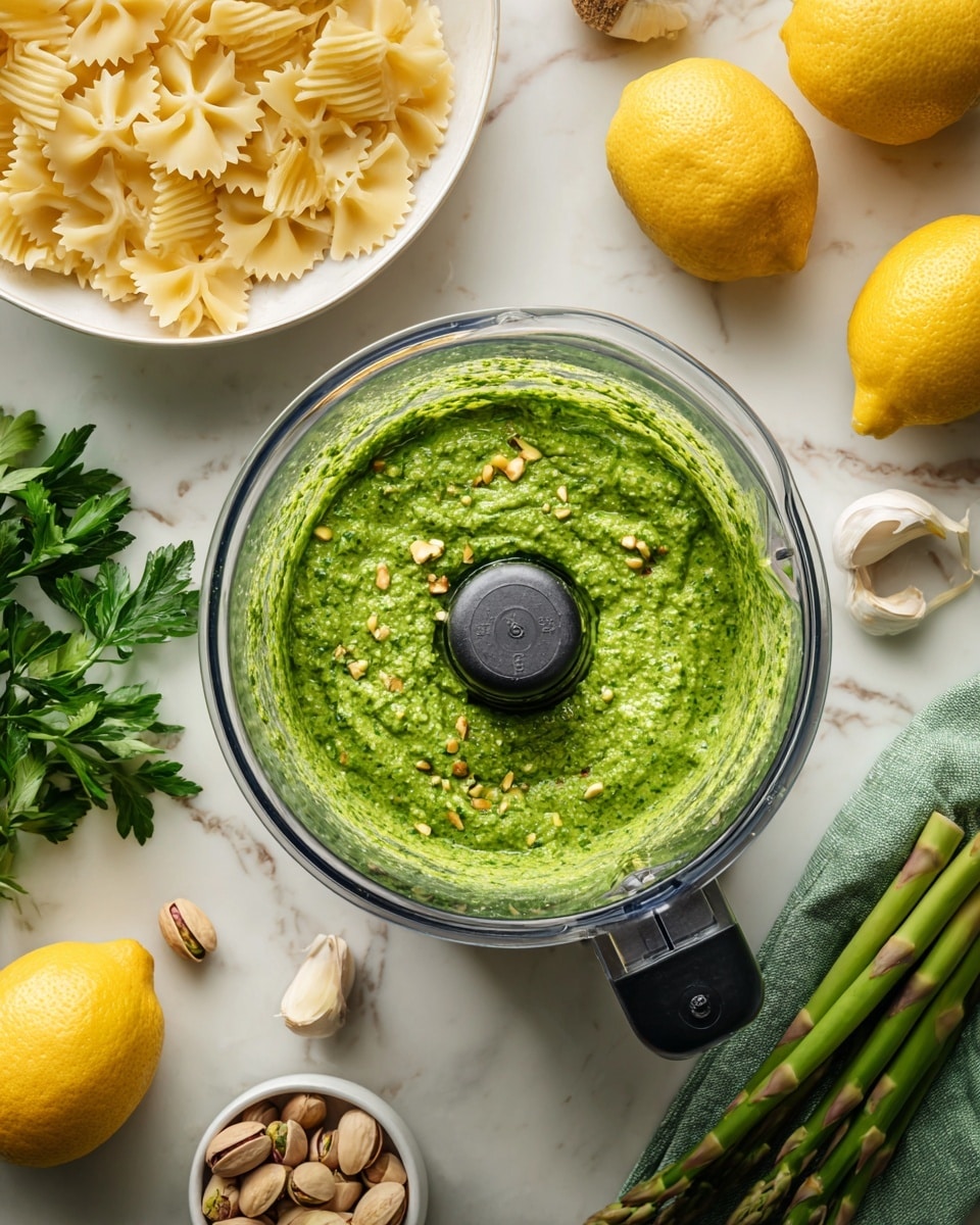 The image shows a close-up top view of a blender with a thick, green pesto sauce inside, textured with small bits of nuts and herbs, filling the container about halfway. Surrounding the blender on a white marbled surface are several ingredients: a white bowl filled with uncooked pale yellow farfalle pasta in the upper left, two whole lemons with one half lemon showing juicy yellow flesh on the upper right next to a green cloth, fresh green asparagus stalks on the bottom right, a whole garlic bulb with some cloves showing on the bottom left, a bunch of green parsley resting nearby, and a small white bowl with whole pistachio nuts sitting slightly below the blender. Photo taken with an iphone --ar 4:5 --v 7