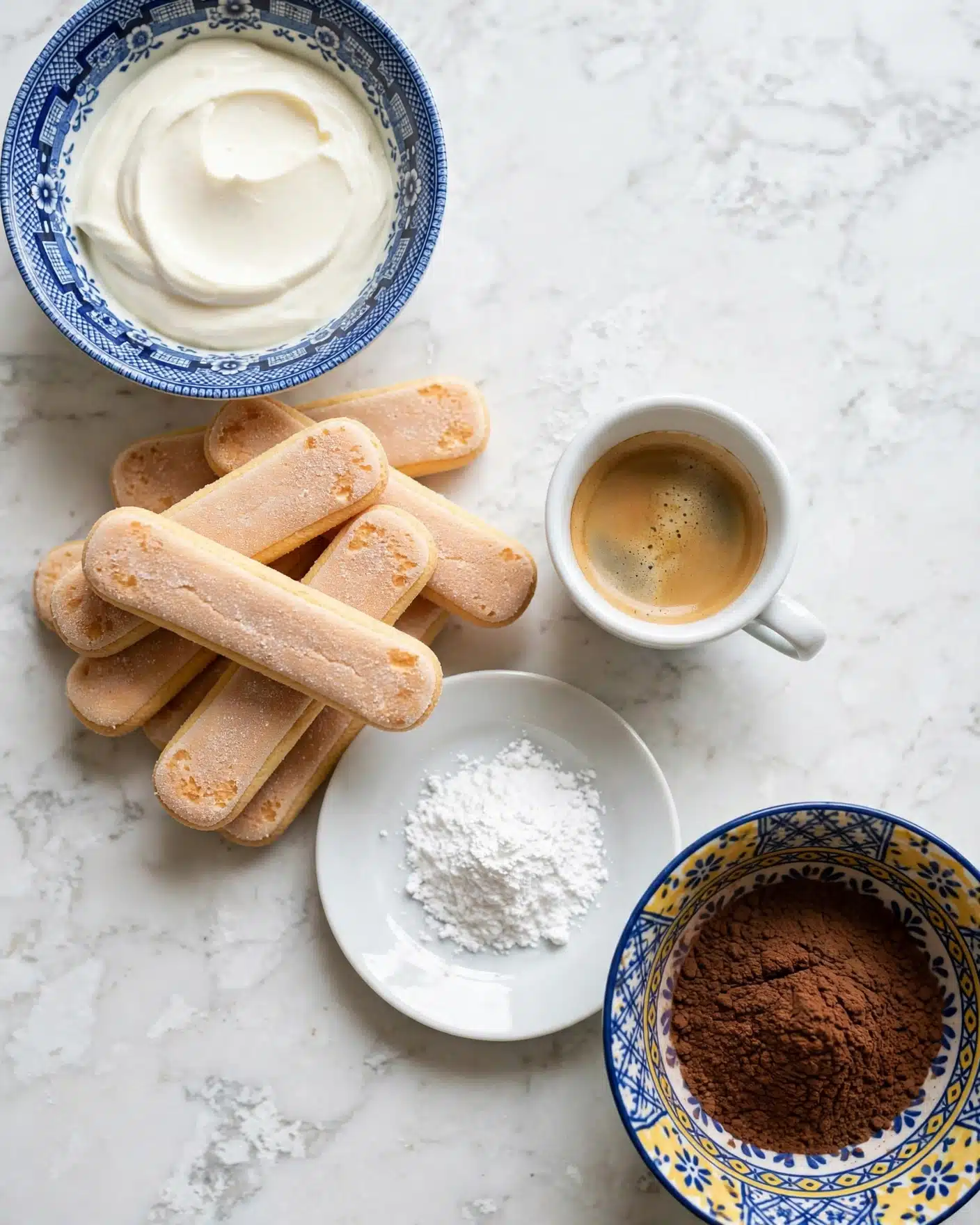 Tiramisu Truffles Recipe 4 The image shows several ladyfinger cookies arranged in a pile on a white marbled surface, next to a small white cup filled with light brown espresso. At the top left, there is a blue and white patterned bowl filled with smooth white cream. Below the espresso cup, there is a small white plate with a mound of fine white powder, and at the bottom right, a bowl with a colorful yellow and blue pattern filled with dark brown cocoa powder. photo taken with an iphone --ar 4:5 --v 7